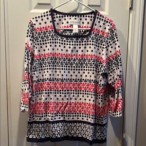 Alfred Dunner Women's Geometric Red and Blue 3/4 Sleeve Top